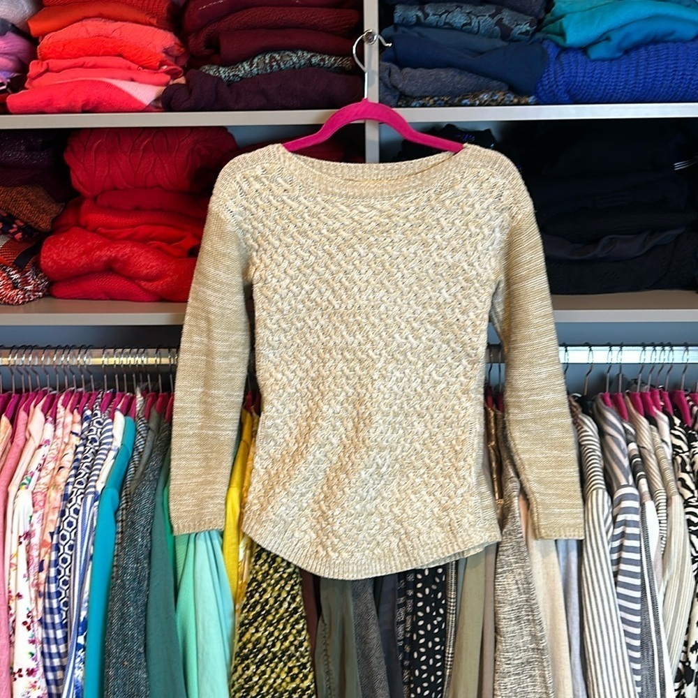 It’s Our Time tan and white marled knitted long sleeve crew neck sweater size XS